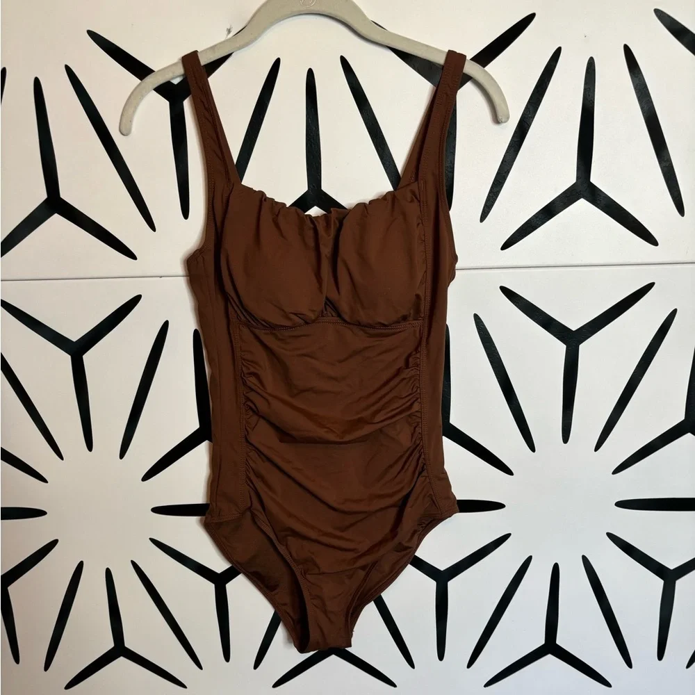 NWOT Aqua Eve One-Piece Tummy Control Vintage Swimsuit Chocolate Brown Size S